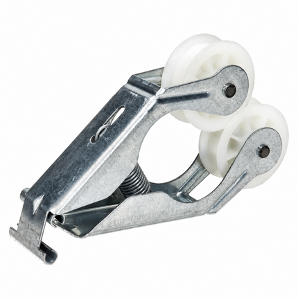 Galvanized steel double pulley block with white plastic wheels, shown on a solid white background.