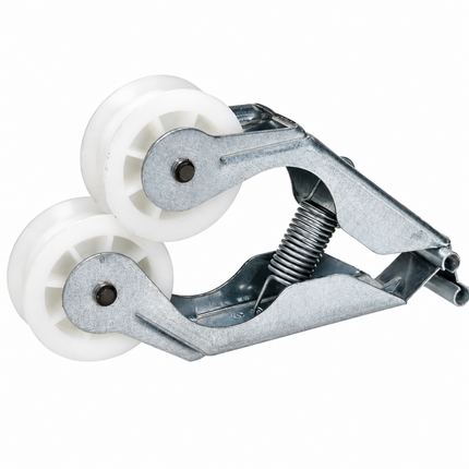 A metal roller clamp with two white plastic wheels and a silver metal spring, isolated on a white background.