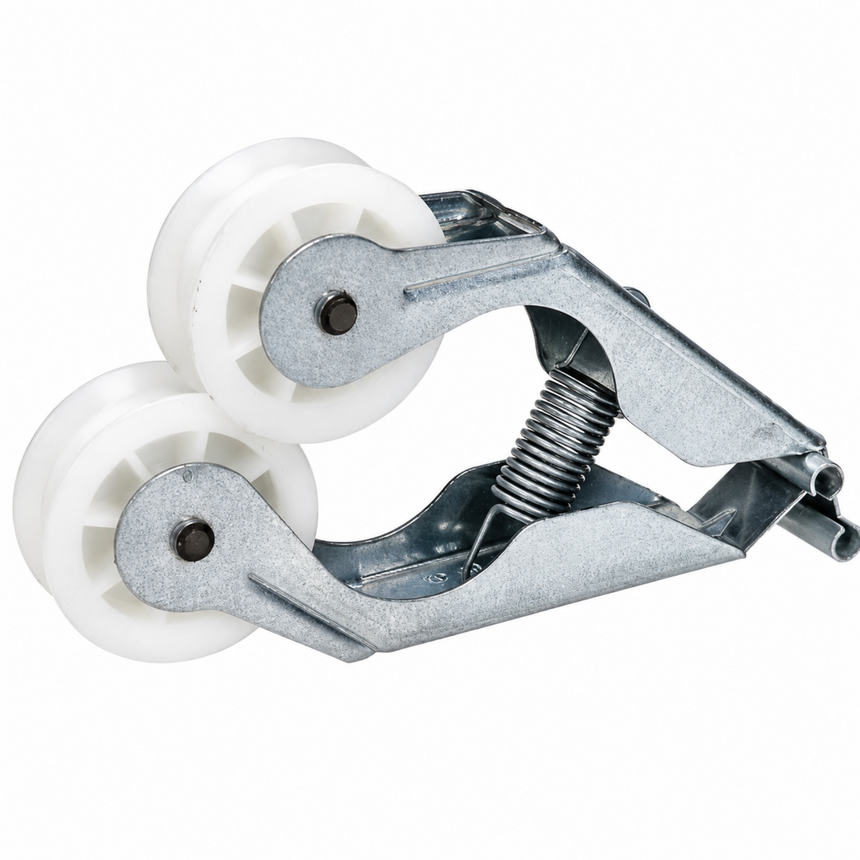 A metal roller clamp with two white plastic wheels and a silver metal spring, isolated on a white background.