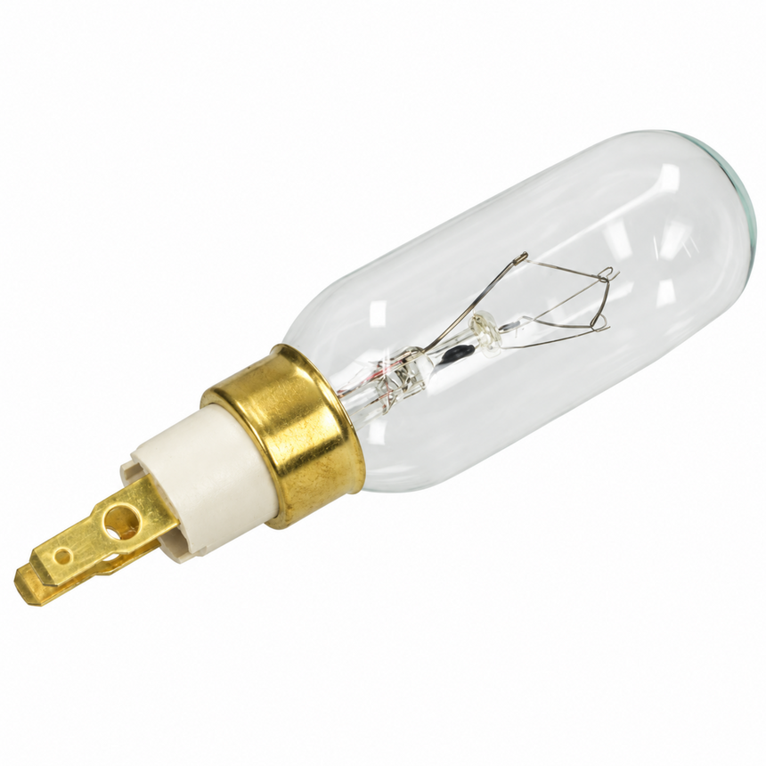 A clear glass replacement light bulb with a gold metal base, white ceramic insulator, and internal wire filament, shown on a plain white background.