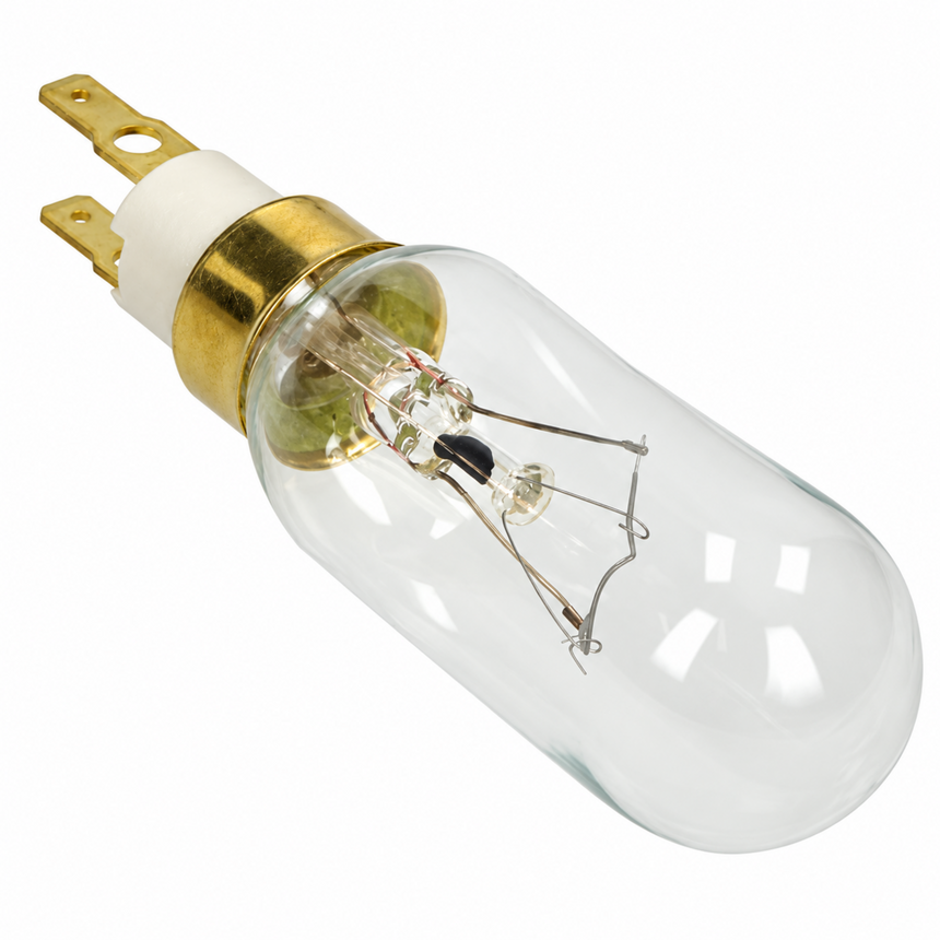 A clear glass G4 light bulb with a gold metal base and white ceramic collar, shown on a plain white background.