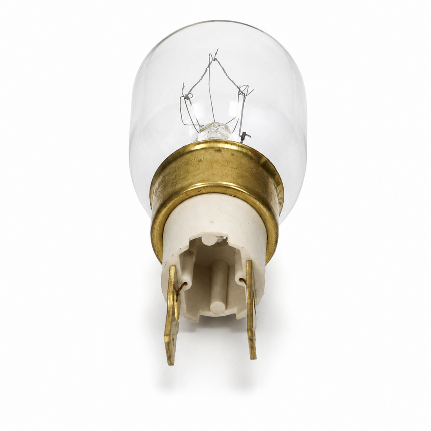Vintage light bulb with clear glass and brass base on a white background