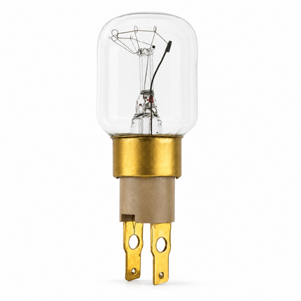 Clear appliance bulb with brass base and two gold connector terminals on a white background