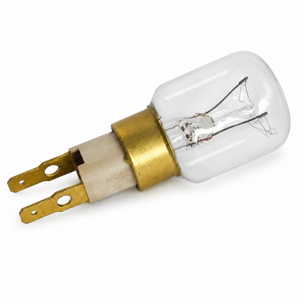 Clear light bulb with brass base on a white background