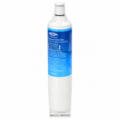 A single cylindrical water filter cartridge with a white body and a blue label, photographed upright on a plain white background.