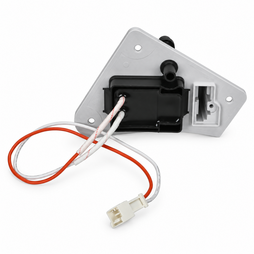 A replacement appliance part, specifically a metal and plastic control module with attached wiring, shown on a clean white background.