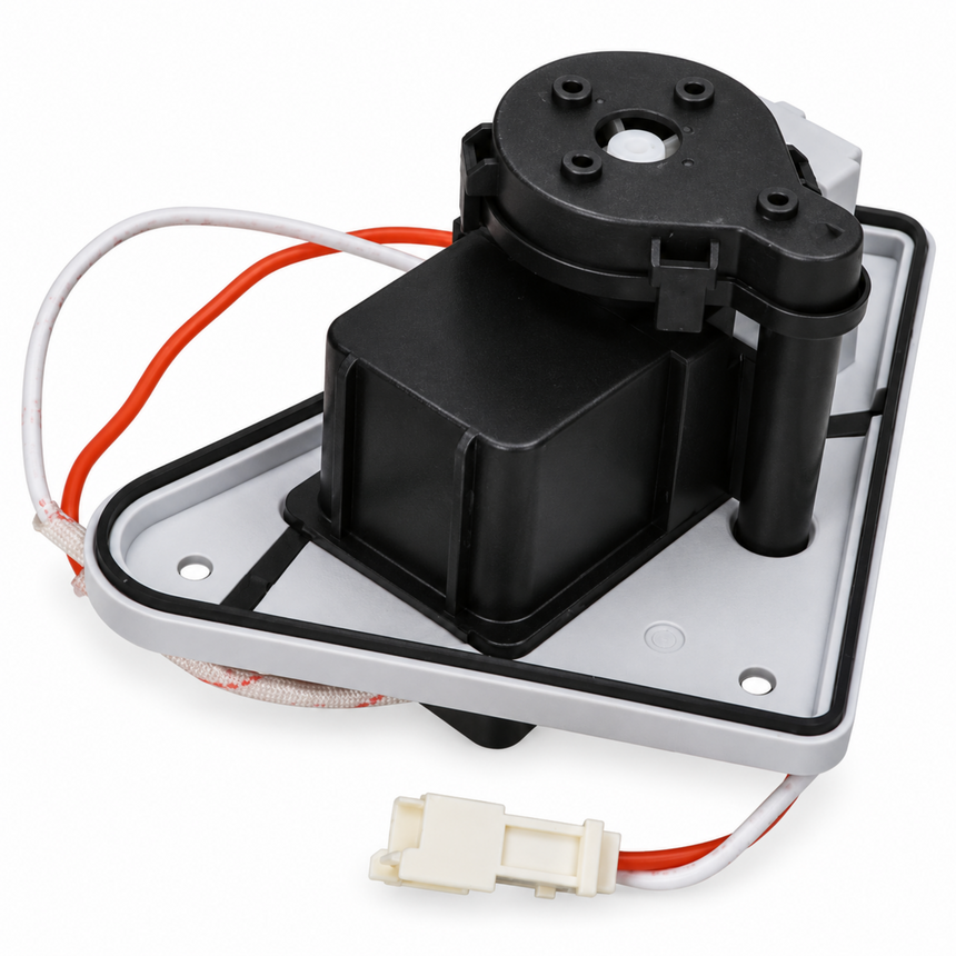 A replacement water dispenser pump motor assembly with a black plastic motor, white mounting base, and red and white wires with a cream-colored connector, shown on a white background.