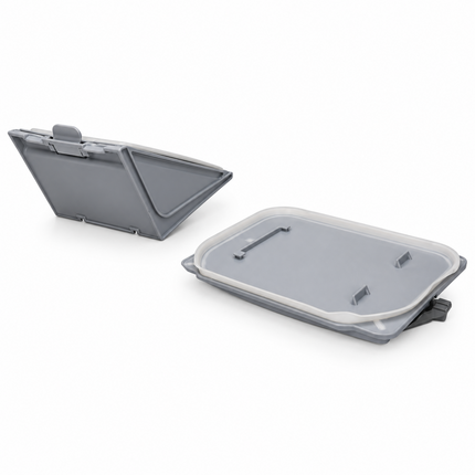 Two gray plastic storage containers shown on a clean white background, one standing upright and one lying down to display the lid and interior.