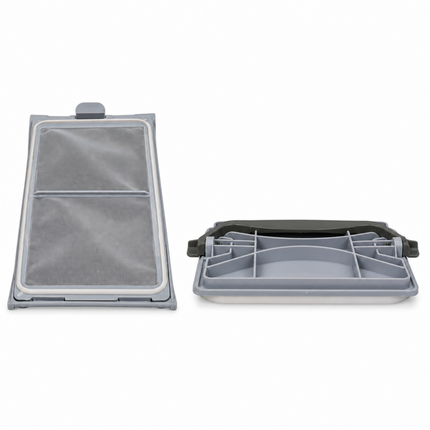 A gray replacement filter and its corresponding gray plastic tray organizer, shown side-by-side on a plain white background.