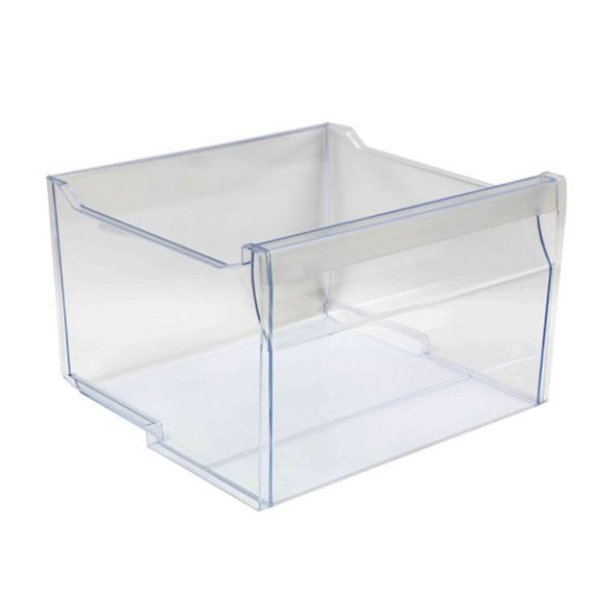 Clear plastic storage bin on a white background