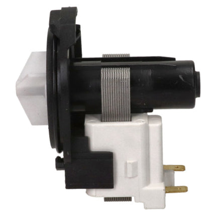 A replacement water dispenser pump motor assembly with a black cylindrical motor, white plastic housing, and gold metal pins, shown against a plain white background.