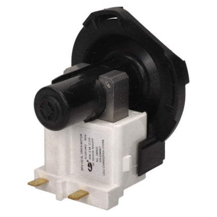 A replacement appliance motor assembly with a black plastic housing, a white plastic base, and gold metal terminal pins, shown on a plain white background.