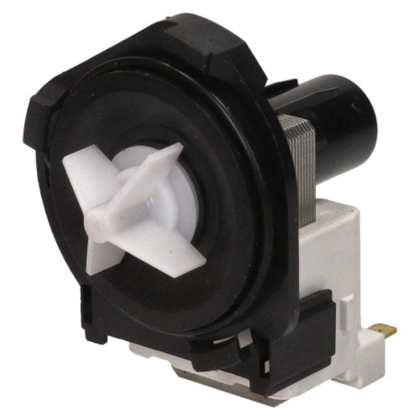 A small black and white plastic pump or motor component with a white impeller-like blade and a cylindrical black shaft, photographed on a plain white background.