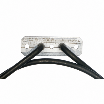Metal plate with electrical specifications and black cables on a white background
