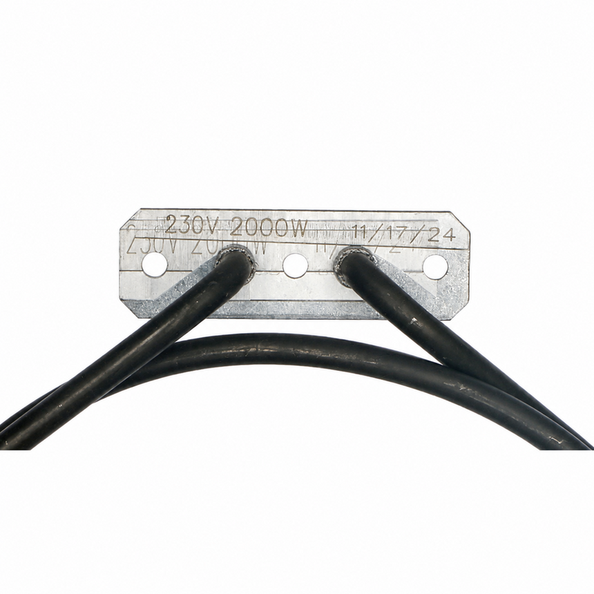 Metal plate with electrical specifications and black cables on a white background