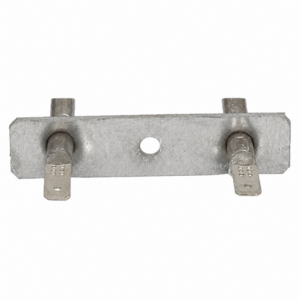 A galvanized metal ground clamp with two flat contact bars and a central hole, shown on a plain white background.