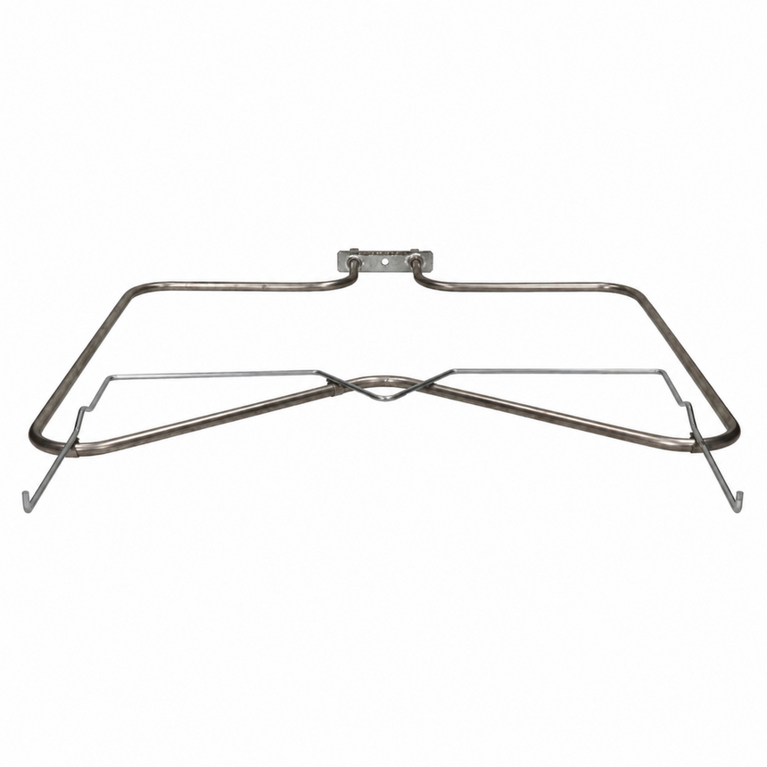 A stainless steel oven rack with a top support bracket and two lower wire legs, shown against a plain white background.
