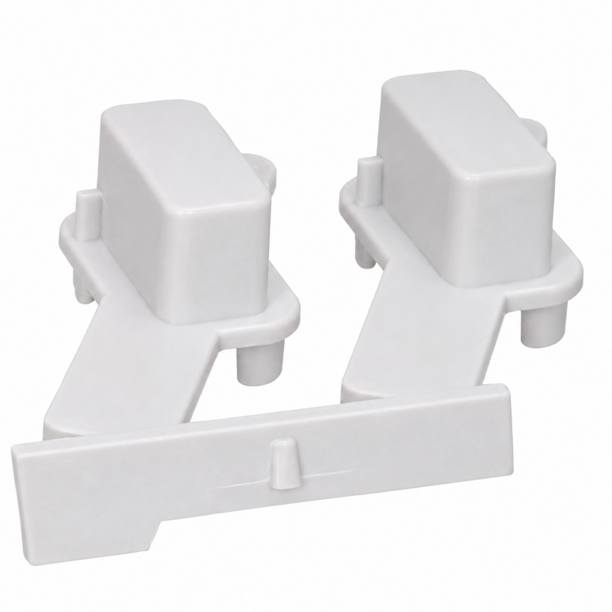 Two white plastic replacement parts with a rectangular top and angled base, shown on a plain white background.