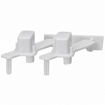 Two white plastic baby gate safety latches mounted on a white wall, shown against a plain white background.