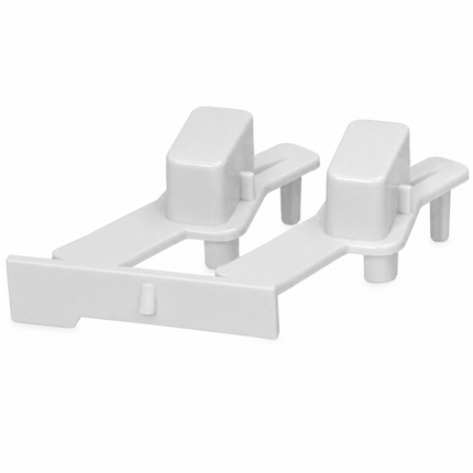 White plastic double door gap stopper or safety latch accessory, shown on a clean white background.