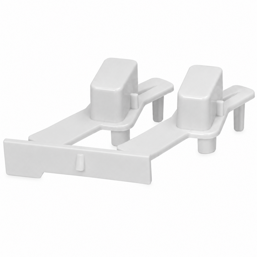 White plastic double door gap stopper or safety latch accessory, shown on a clean white background.