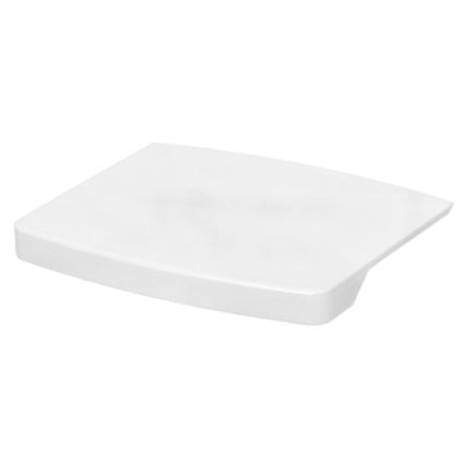 A white rectangular ceramic tray with rounded corners and a small integrated side tab, shown on a plain white background.