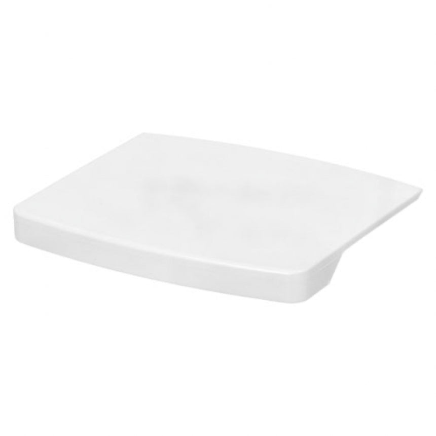 A white rectangular ceramic tray with rounded corners and a small integrated side tab, shown on a plain white background.