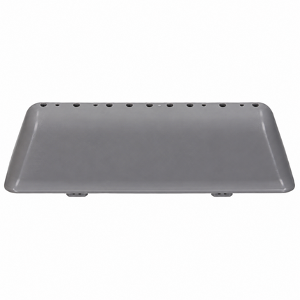 A gray rectangular plastic tray or cover with rounded corners, featuring a row of small circular holes along the top edge and two small tabs at the bottom, shown on a plain white background.