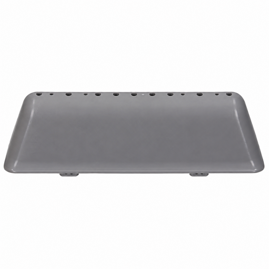 A gray rectangular plastic tray or cover with rounded corners, featuring a row of small circular holes along the top edge and two small tabs at the bottom, shown on a plain white background.