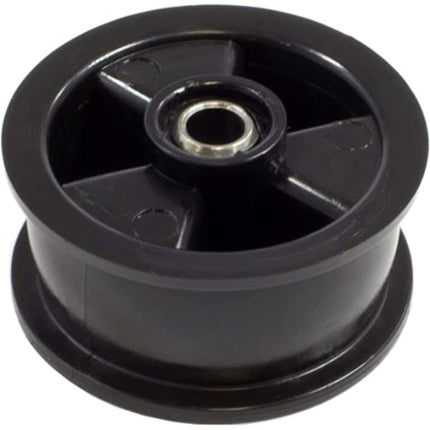 Black pulley wheel with a bearing on a white background