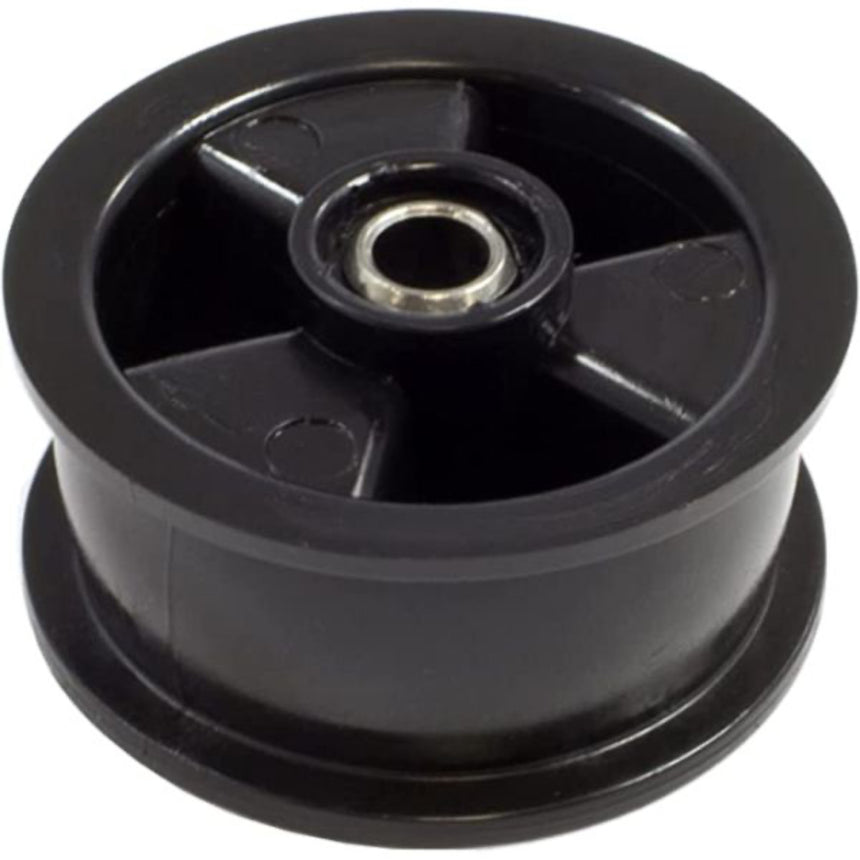 Black pulley wheel with a bearing on a white background