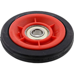 Red and black pulley wheel with a bearing on a white background