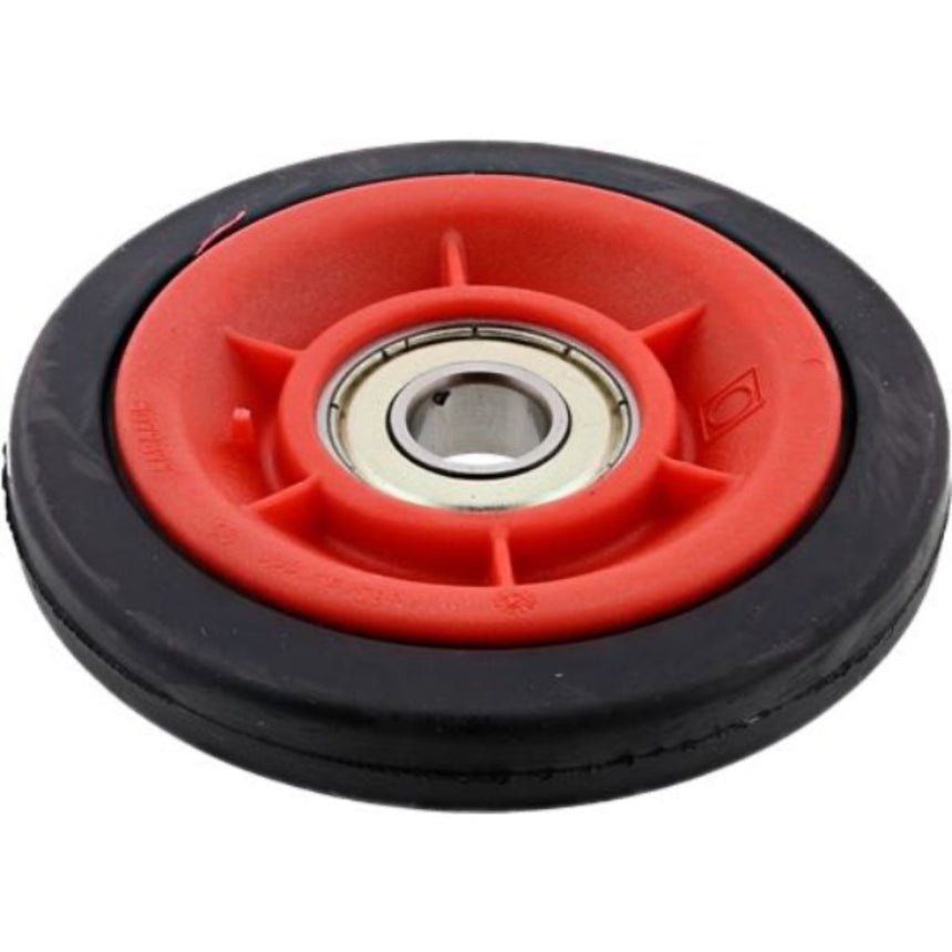 Red and black pulley wheel with a bearing on a white background