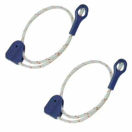 Two blue and white lanyards with plastic clips on a white background