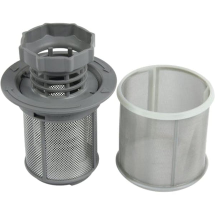 Two gray mesh filters on a white background