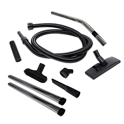 Collection of black vacuum attachment tools on a white background