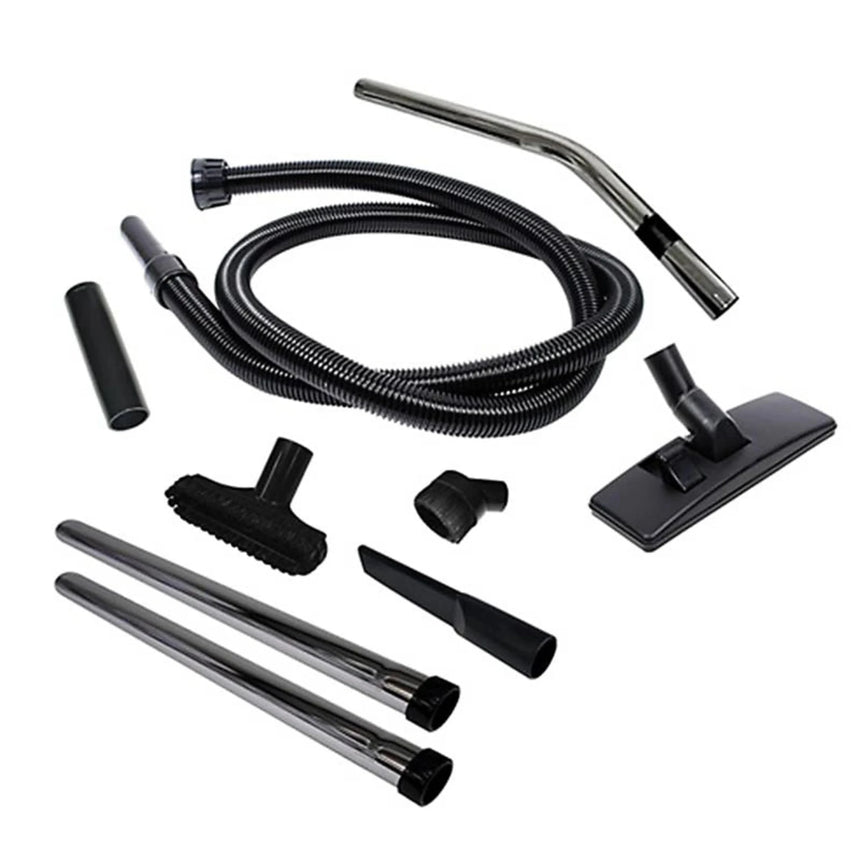 Collection of black vacuum attachment tools on a white background