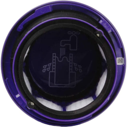 Purple and black circular component with a logo on a white background