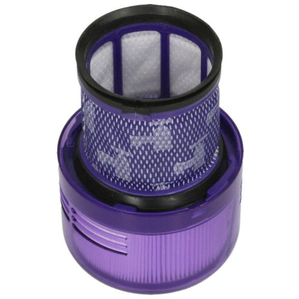 Purple vacuum filter with black rim on a white background