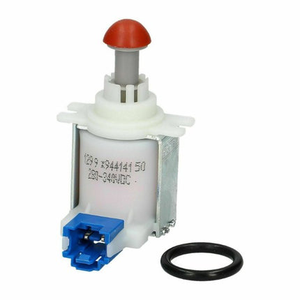 Mechanical switch with red button and blue connector on a white background