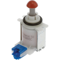 Mechanical switch with red, white, and blue components on a white background