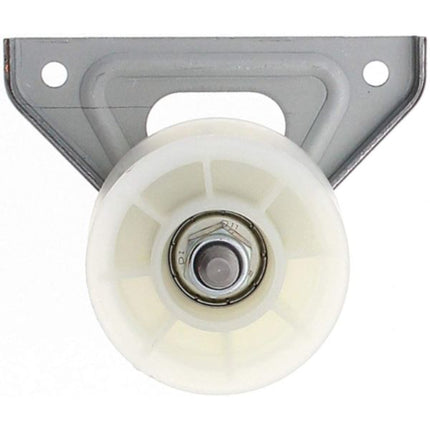 White pulley system with metal bracket on a white background