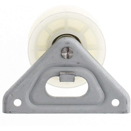 Pulley system with a white wheel on a gray base