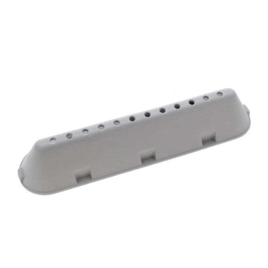 Gray plastic component with multiple holes on a white background
