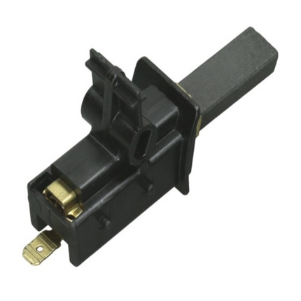 Black mechanical component with gold contacts on a white background