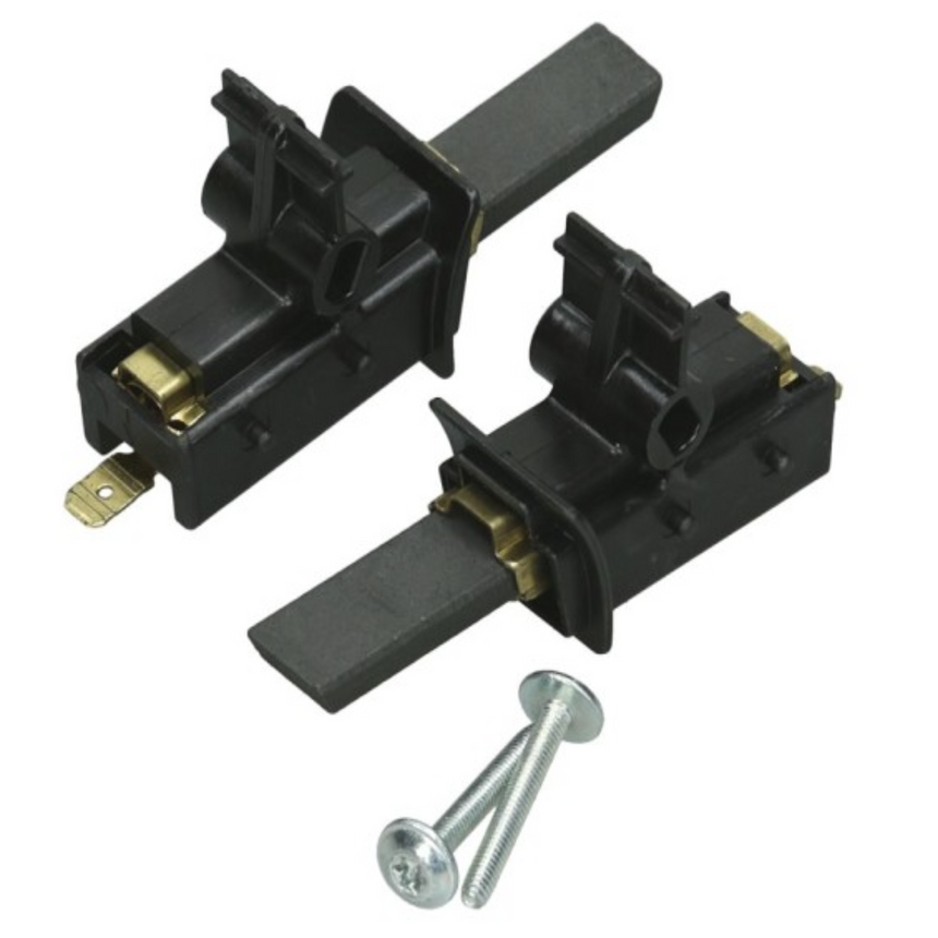 Two black mechanical components with gold contacts and a silver screw on a white background