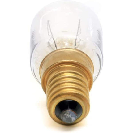 Clear light bulb with brass base on a white background