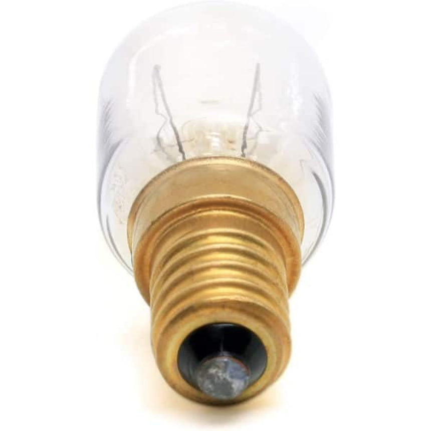Clear light bulb with brass base on a white background