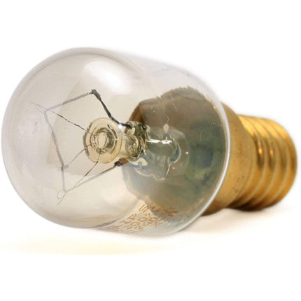 Clear light bulb with visible filament on a white background