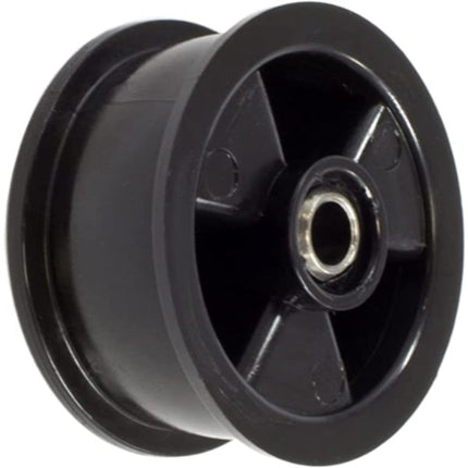Black pulley wheel with a bearing on a white background